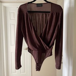 Animari dark sparkly brown long sleeve wrap body suit
